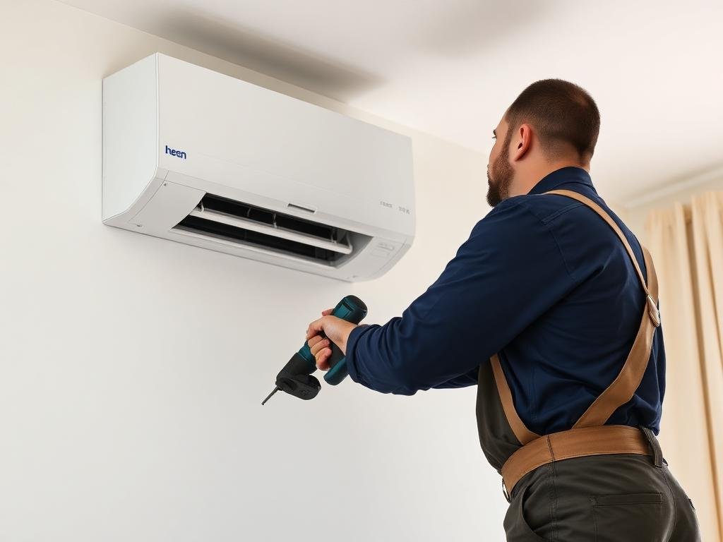 Técnico instalando una unidad interior de aire acondicionado split
