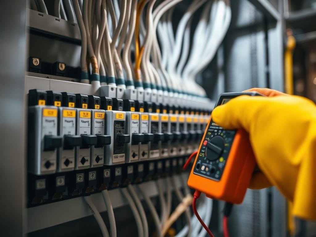 Cuadro eléctrico moderno con magnetotérmicos siendo revisado con polímetro
