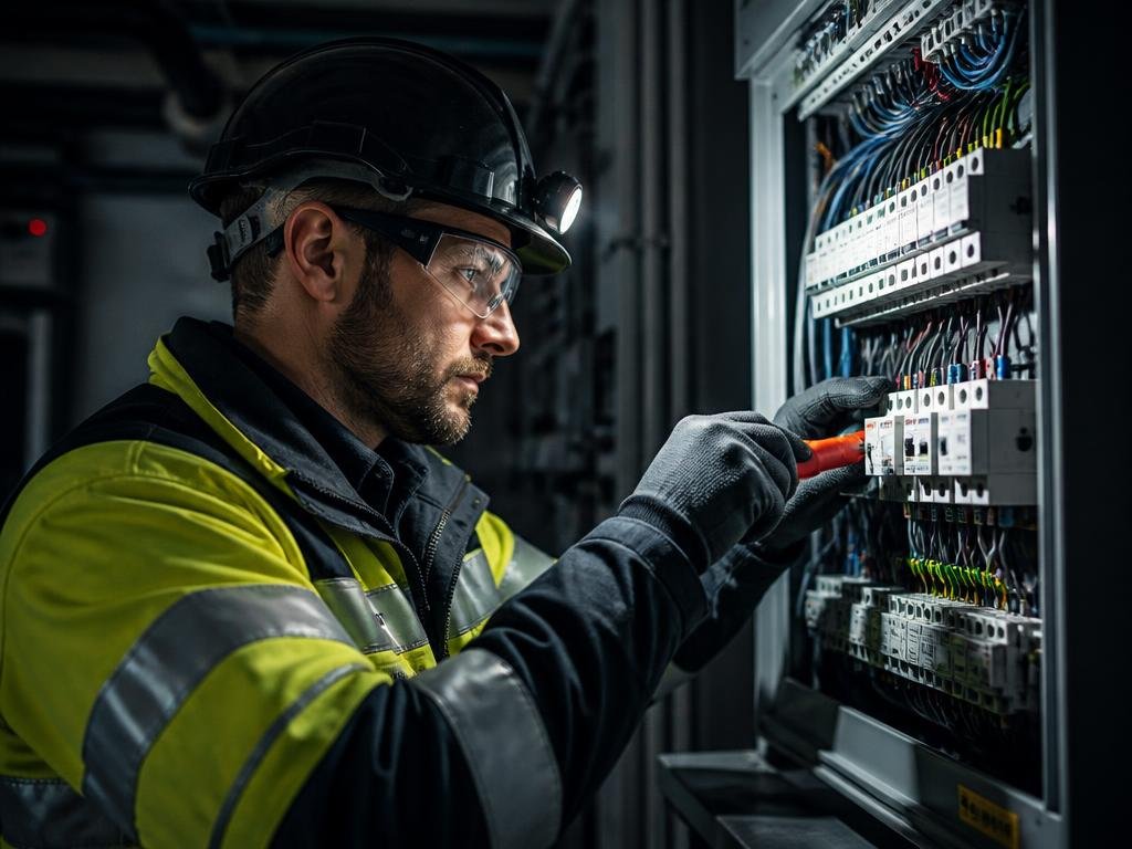 Electricista de VHEC trabajando en un cuadro eléctrico moderno